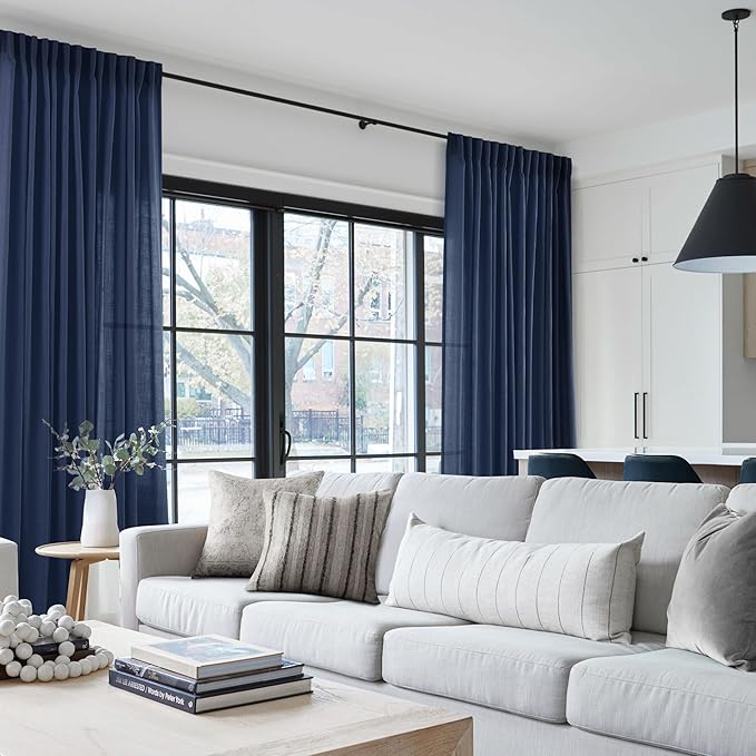 Navy Blue Curtains 120 inch Length for Bedroom Back Tab Light Filtering Semi Sheer Blue Living Room Curtains Linen Cotton Textured Indigo Blue Drapery Panel Modern Aesthetic Decor 60" Wx120" L