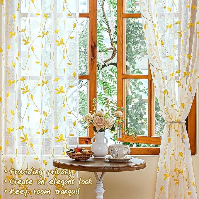 AmHoo 2 Panels Embroidered Leaf Pattern Semi Sheer Curtains Foliage Floral Voile Window Draperies Treatment for Bedroom Living Room Rod Pocket White Gold Yellow 53 x 63 Inch