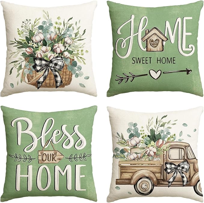 AVOIN colorlife Bless Our Home Farmhouse Eucalyptus Leaves Throw Pillow Covers, 20 x 20 Inch Green Truck Home Sweet Cushion Case Decorations Set of 4
