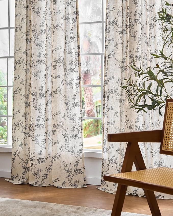 Lazzzy Black Floral Linen Curtains 90 Inch Farmhouse Back Tab Drapes for Living Room Bedroom Light Filtering Vintage Grandmillennial Rod Pocket Curtains, 2 Panels, W38 x L90, Black on Beige