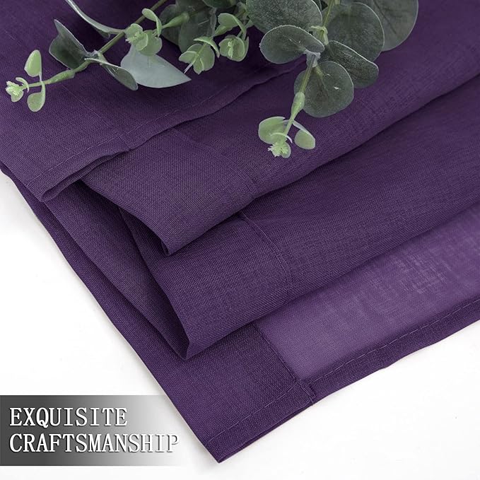Tollpiz Short Sheer Curtain Linen Textured Bedroom Curtains Sheer Light Filtering Rod Pocket Voile Curtain for Living Room, 54 x 54 inches Long, Royal Purple, Set of 2 Panels