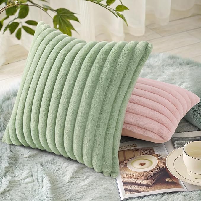 decorUhome Summer Cozy Faux Fur Throw Pillow Covers 20x20 Set of 2 Decorative Soft Plush Striped Modern Farmhouse Boho Couch Pillow Cases with Velvet Back for Sofa Bed Living Room, Sage Green