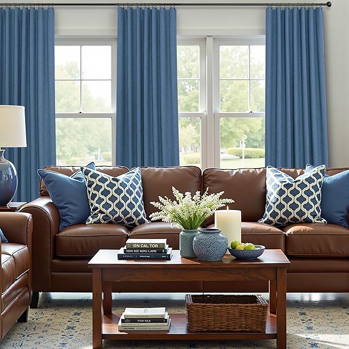 Denim Blue Back Tab Blackout Curtains 108 Inches Long 2 Panel Set Cotton Linen Textured Darkening Drapes Sound Proof Ceiling Curtain for Bedroom Living Room Divider Patio Sliding Glass Door 108 Length