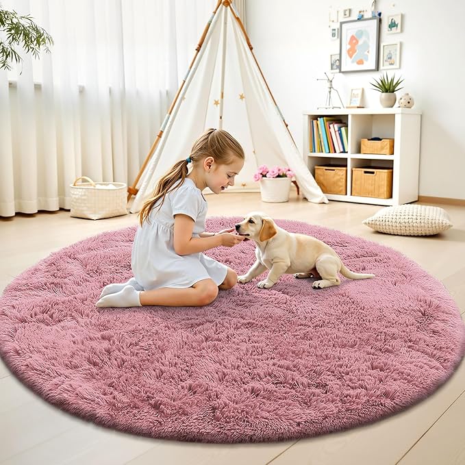 OLANLY Pale Pink Round Rugs for Bedroom - Machine Washable, 4 ft Circle Area Rugs for Living Room, Soft and Fluffy Shaggy Carpet for Teen Girls and Boys, Nursery Rooms, Dorms, Home Decor Aesthetic