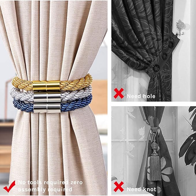 NICEEC 2 Pack Strong Magnetic Curtain Tiebacks Modern Simple Style Drape Tie Backs Convenient Decorative Weave Rope Curtain Holdbacks for Thin or Thick Home & Office Window Draperies (Bronze)