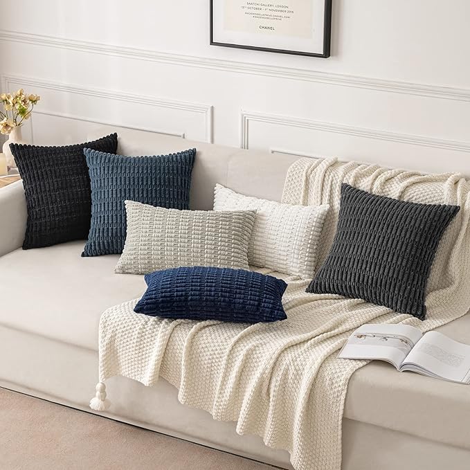 MIULEE Pack of 2 Corduroy Decorative Lumbar Throw Pillow Covers 20x12 Inch Soft Boho Striped Pillow Covers Modern Farmhouse Home Decor for Summer Coastal Sofa Living Room Couch Bed Dark Blue