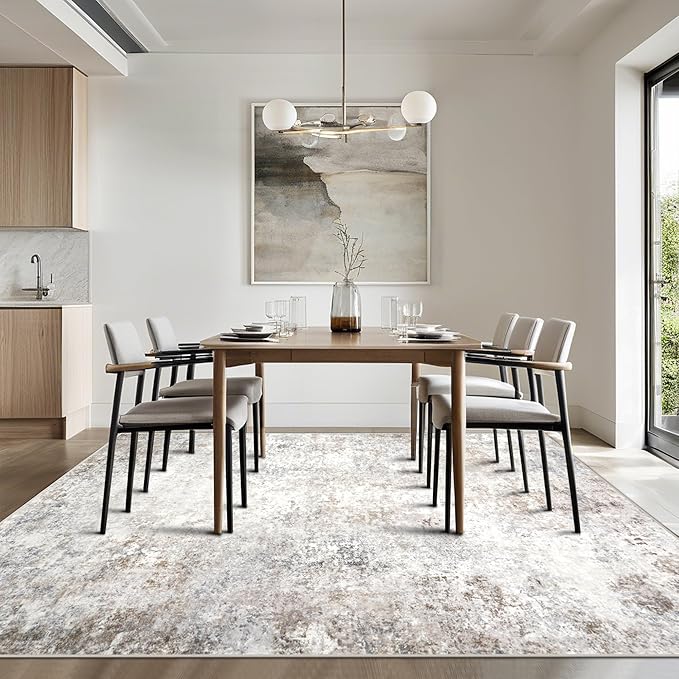 Washable Rugs 8x10 Area Rugs for Living Room,Modern Abstract Rugs for Bedroom,Large Carpets,Ultra Soft Faux Wool Retro Dining Room Rug,Non Slip&Non-Shedding Low Pile Print Rug- Beige Grey