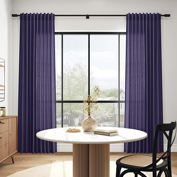 Purple Curtains 63 Inches Long 2 Panel Sets for Living Room Bedroom, Light Filtering Linen Drapes for Kitchen Windows Rod Pocket or Back Tab Curtain,Semi Sheer 52x63
