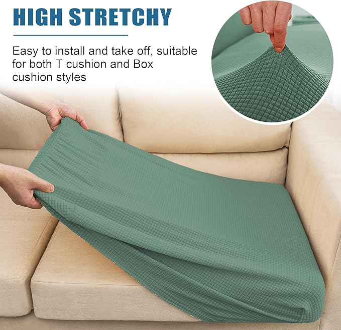 Water Repellent Sofa Seat Cushion Covers for Living Room 3 Seater, Stretch Couch Cushion Slipcovers Reversible Furniture Protector (Large, Matcha Green)