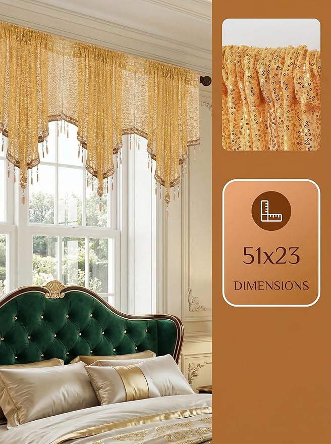 Molaxhome Swag Curtain 51 inch Length Rod Pocket Scalloped Curtain Valance Sheer Lace Panels with Hanging Crystal Beads for Kitchen Bedroom Window Treatments Drape Decor 1pc (Sequin Yellow, 51Wx23L)
