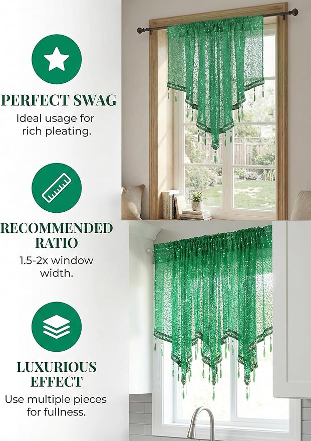 Molaxhome Swag Curtain 51 inch Length Rod Pocket Scalloped Curtain Valance Sheer Lace Panels with Hanging Crystal Beads for Kitchen Bedroom Window Treatments Drape Decor 1pc (Sequin Green, 51Wx23L)