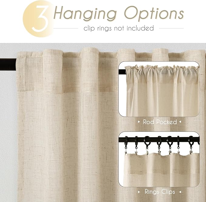 Greyish Beige Linen Curtain 90 inch Length 2 Panels Set Back Tab Light Filtering Living Room Curtain Drapes Home Office Modern Minimalist Decor Farmhouse Boho Neutral Semi Sheer Curtain 90 inch Long