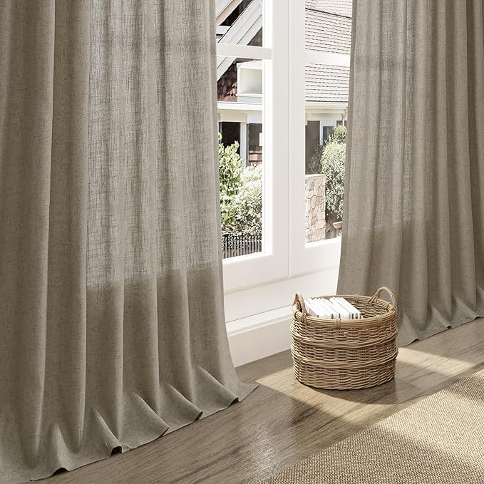 Mocha Linen Curtains 84 Inches Long for Bedroom Back Tab Light Filtering Privacy Semi Sheer Curtains Modern Farmhouse Decor Mocha Cotton Textured Curtain for Living Room 2 Panels Set 52x84 Inch
