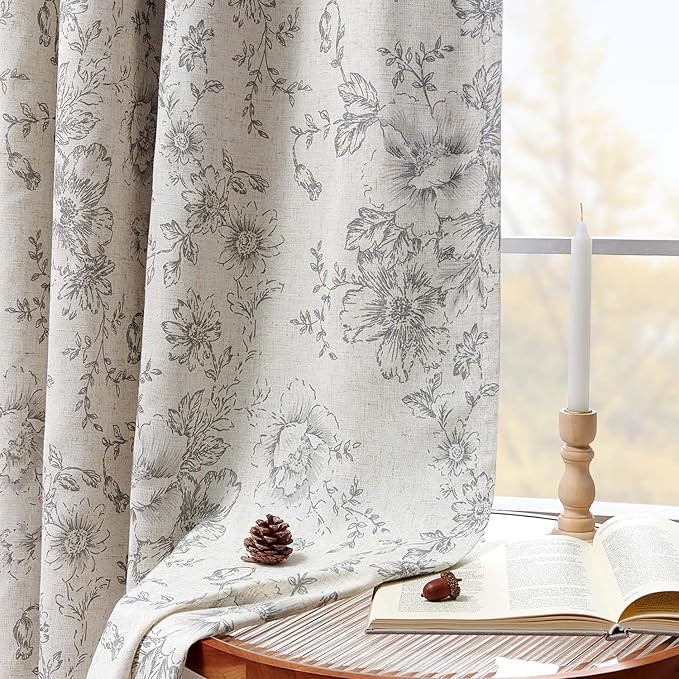 jinchan Blackout Floral Curtains for Living Room Bedroom Linen Blend Curtain Farmhouse Grey Printed with Lined Back Tab Rod Pocket Drapes Window Treatments 2 Panels 96 Inch Gray