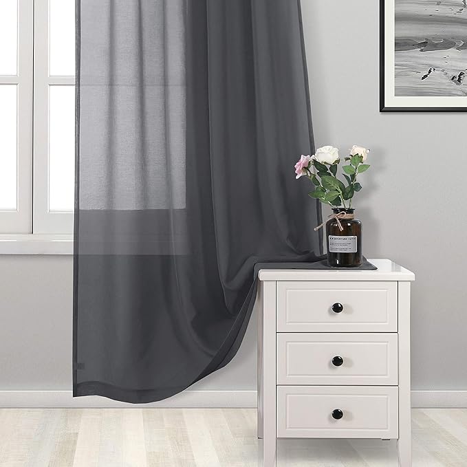 DWCN Dark Gray Sheer Curtains Semi Transparent Voile Rod Pocket Curtains for Bedroom and Living Room, 52 x 84 inches Long, Set of 2 Panels
