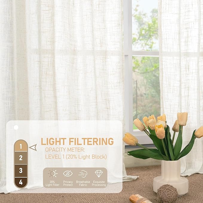 LAMIT Linen Curtains 102 Inches Long for Living Room, Bronze Grommet Linen Textured Sheer Curtains Light Filtering Panels for Boho Farmhouse, 2 Panels, 52 x 102 Inch, Cream