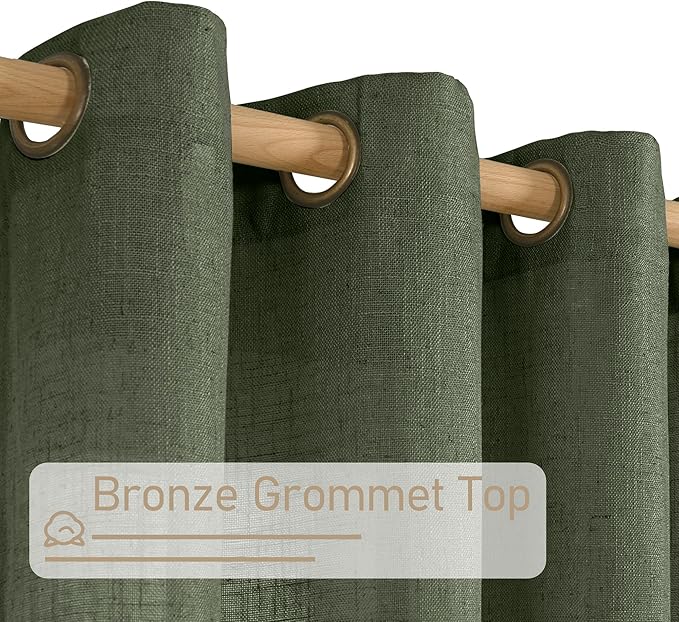 LAMIT Linen Sheer Curtains 80 inch for Living Room, Soft Thick Light Filtering Boho Window Textured Neutral Drapes with Bronze Grommet for Bedroom/Farmhouse, 2 Panels, 52 x 80 Inch, Olive Green