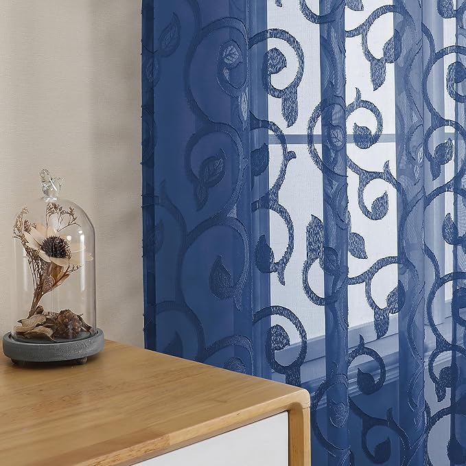 OWENIE Furman Blue Sheer Curtains 84 inches Long for Bedroom Living Room 2 Panels Set, Jacquard Clip Light Filtering Semi Sheer Curtain Rod Pocket Window Drapes, 2 Pcs Each 40 W 84 L