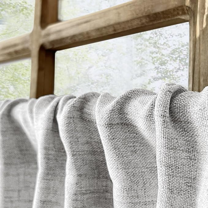Oindec Faux Linen Kitchen Curtains 45 Inch Length Cafe Curtain Tiers for Living Room Basement Bathroom Windows Country Rustic Small Short Curtains, Set of 2, Grey