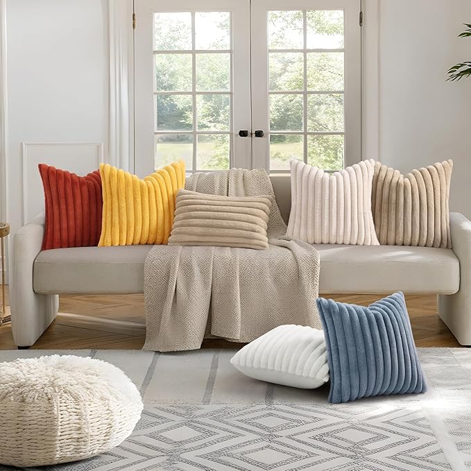 decorUhome Summer Cozy Faux Fur Throw Pillow Covers 26x26 Set of 2 Decorative Plush Striped Modern Farmhouse Boho Couch Euro Sham Pillow Cases with Velvet Back for Sofa Bed Living Room, Mustard Yellow