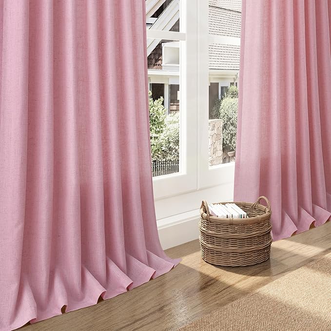 Rose Linen Curtains 84 Inch Long 2 Panel Set with Back Tab Rod Pocket Light Filtering Privacy Semi Sheer Textured for Neutral Farmhouse Style Bedroom and Living Room 52x84