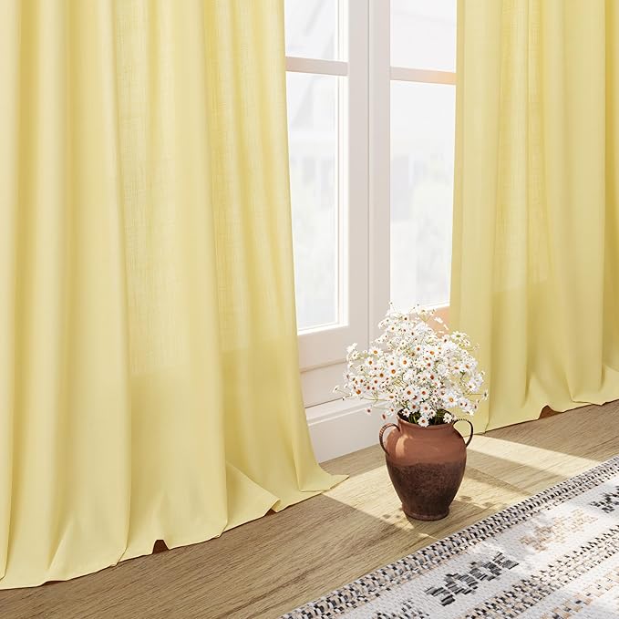 Yellow Linen Blend Drapes 84 Inch Length 2 Panels Set Back Tab Rod Pocket Light Filtering Privacy Semi Sheer Textured Curtain Neutral Farmhouse Decor for Living Room Bedroom Curtains 52x84
