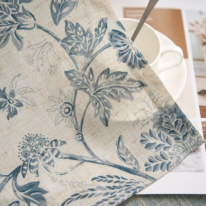 jinchan Linen Floral Curtains for Living Room with Printed Flower 90 Inches Long Light Filtering French Country Back Tab Rod Pocket Blue Window Curtain Set Farmhouse Drapes 2 Panels Blue