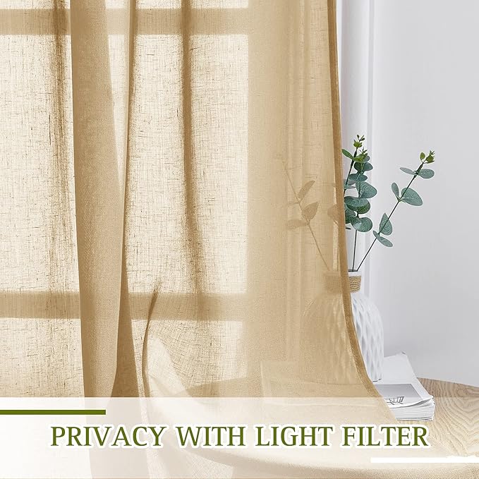 NICETOWN Natural Linen Blend Semi Sheer Curtains, Grommet Top Bedroom Window Privacy with Light Penetration Flax Sheer Drapes for Living Room/Bedroom, Camel, W52 x L108, 2 Panels