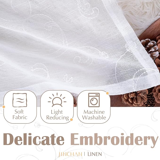 jinchan Linen Valance for Window Embroidered Farmhouse Light Filtering Voile Valance for Living Room Kitchen Beige Cottage Rustic Double Layer Curtain 16 Inch 1 Panel White