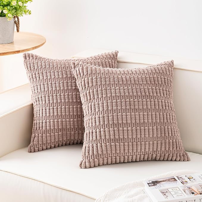 Pack of 2 Corduroy Decorative Throw Pillow Covers 18x18 InchSoft Striped Pillow Covers Modern Farmhouse Home Decor for Sofa Living Room Couch Bed（Light Brown）