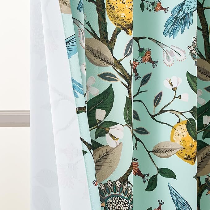 Topfinel Green Floral Curtains 84 Inches Long Vintage French Country Grommet Botanical Hummingbird Woodland Jungle Victorian Patterned Mint Green Lemon Drapes for Bedroom Dining Living Room