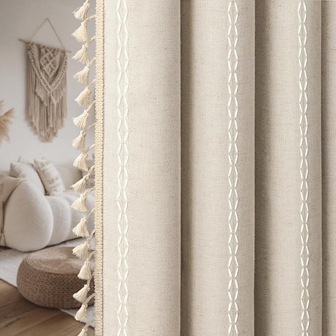 Boho Blackout Curtains 96 Inches Long Beige Linen Blend 2 Panels with Tassels and Cotton Embroidery, Farmhouse Vintage Rustic Rod Pocket Drapes for Living Room or Bedroom