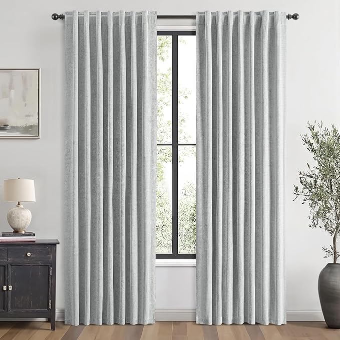 MIULEE 100% Blackout Linen Curtains for Bedroom, Grey Solid Luxury Decor Thermal Insulation Room Darkening Drapes for Living Room Nursery Back Tab Rod Pocket 42 x 90 Inches, 2 Panels