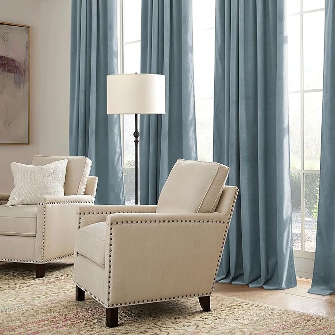 RYB HOME Stone Blue Velvet Curtains 84 inches- Blackout Curtains for Nursery Thermal Insulated Elegant Soft Luxury Window Decor for Seaside Room, Stone Blue, W52 x L84 inches, 2 Panels