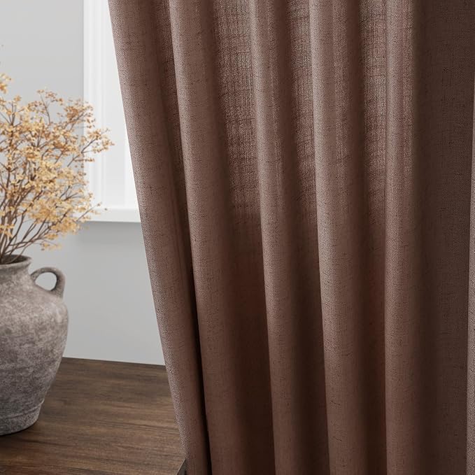 Nanspring Mocha Mousse Curtains 90 Inch Length 2 Panel Set Back Tab Rod Pocket Linen Boho Semi Sheer Light Filtering Neutral Farmhouse Decor for Living Room and Bedroom 52x90