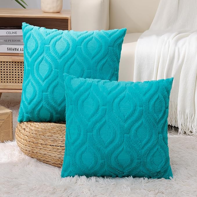 decorUhome Summer Throw Pillow Covers 12x20 Inch Set of 2, Soft Plush Faux Wool Turquoise Solid Couch Pillow Covers, Accent Farmhouse Neutral Rectangle Pillow Cases for Sofa Bed Living Room
