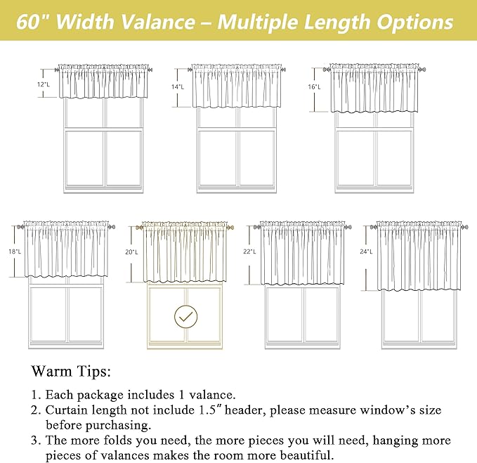 Grey Valances for Windows, Light Filtering Faux Linen Textured Small Short Valance Curtains for Bathroom Basement Farmhouse, Rod Pocket Top Half Curtains for Windows, 60Wx20L Inch
