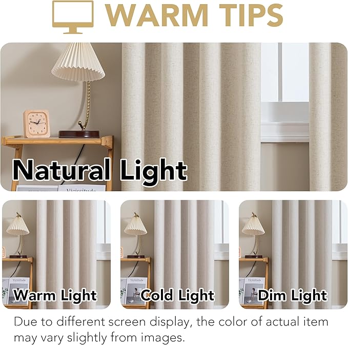 H.VERSAILTEX Linen Curtains 100% Blackout Curtains for Bedroom 102 inch Long Full Light Blocking Nature Linen Blended Window Curtains for Living Room Nickel Grommet (2 Panels, Heathered Linen)