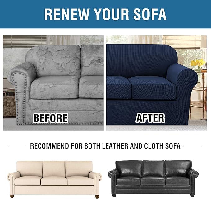 H.VERSAILTEX 4 Piece Stretch Sofa Covers for 3 Cushion Couch Covers for Living Room Furniture Slipcovers (Base Cover Plus 3 Seat Cushion Covers) Upgraded Thicker Jacquard Fabric (Sofa, Navy)