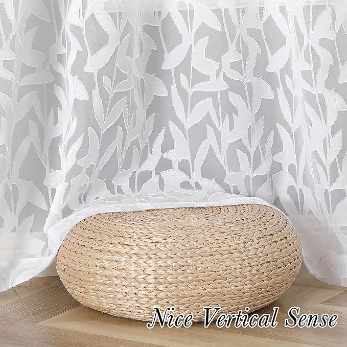 Lecloud Leia White Sheer Curtains 84 Inches Long 2 Panels, Semi Sheer Jacquard Clip Leaves Texture Dual Rod Pockets Living Room Curtains, Airy Gauzy Drapes for Bedroom, 38x84 Inch