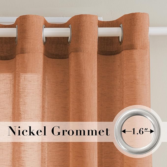 H.VERSAILTEX Linen Curtains Natural Linen Blended Curtain Panels for Living Room/Light Reducing Linen Semi Sheer Curtains 2 Panels Set Nickel Grommet Window Panels (52x84 Inch, Orange)
