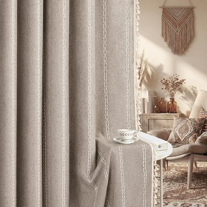 Brown Boho Blackout Curtains 2 Panels 84 Inch for Living Room Bedroom, Warm Taupe Linen Texture Farmhouse Curtains with Tassels and White Cotton Embroidery Vintage Rustic Country Western