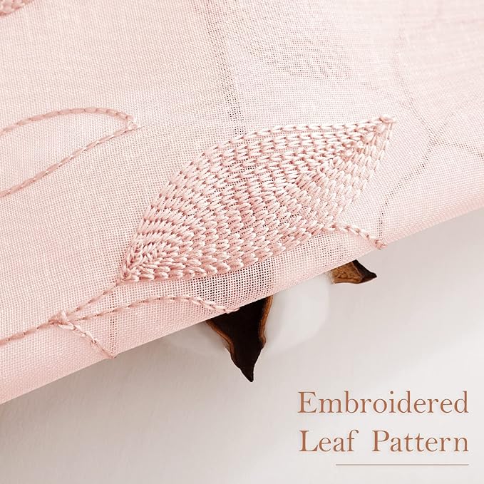 HOMEIDEAS Blush Pink Sheer Curtains 52 X 84 Inches Length 2 Panels Embroidered Leaf Pattern Pocket Faux Linen Floral Semi Sheer Voile Window Drapes for Bedroom Living Room