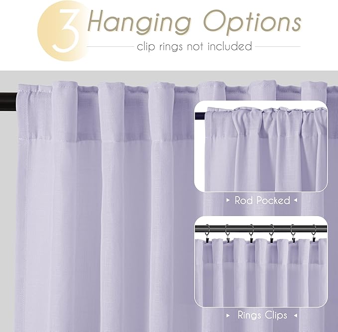 Lavender Semi Sheer Linen Curtains 96 Inches Long 2 Panels Set for Living Room Back Tab Light Filtering Long Drapes Modern Farmhouse Light Violet Purple Bedroom Decor 52ﾗ96