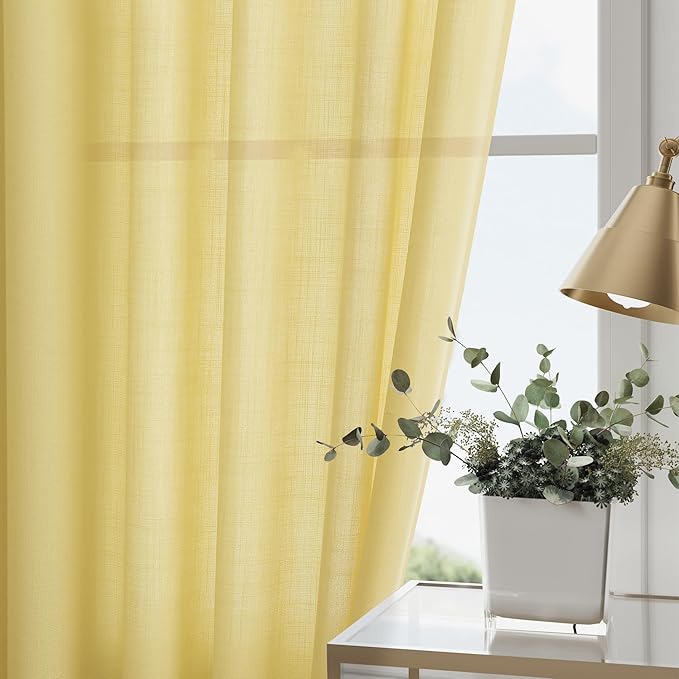 Yellow Linen Curtains 100 inches Long for Bedroom Back Tab Light Filtering Privacy Sheer Yellow Curtains Modern Farmhouse Coastal Decor Cotton Textured Curtain for Living Room 2 Panel Set 52x100