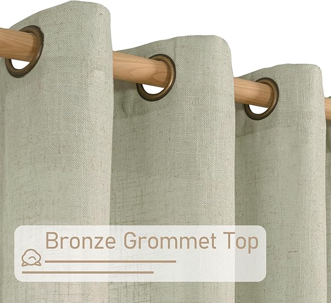 LAMIT Short Linen Curtains 40 Inch Length, Sage Grey Small Window Semi Sheer Drapes Light Filtering Bronze Grommet Neutral Panels for Cafe/Basement, 2 Panels Set, 34 x 40 Inch