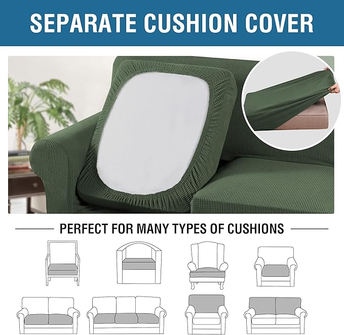 H.VERSAILTEX 3 Piece Stretch Sofa Covers for 2 Cushion Loveseat Couch Covers for Living Room Furniture Cover (Base Cover Plus 2 Seat Cushion Covers) Thicker Jacquard Fabric(Medium, Bronze Green)