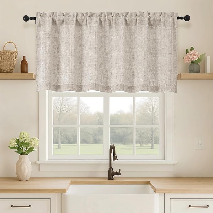 OVZME Valance for Windows, Light Filtering Faux Linen Textured Small Cafe Valances for Windows, Dual Rod Pocket Farmhouse Short Curtain for Bathroom Basement, 60Wx24L inch, 1 Piece, Linen Color