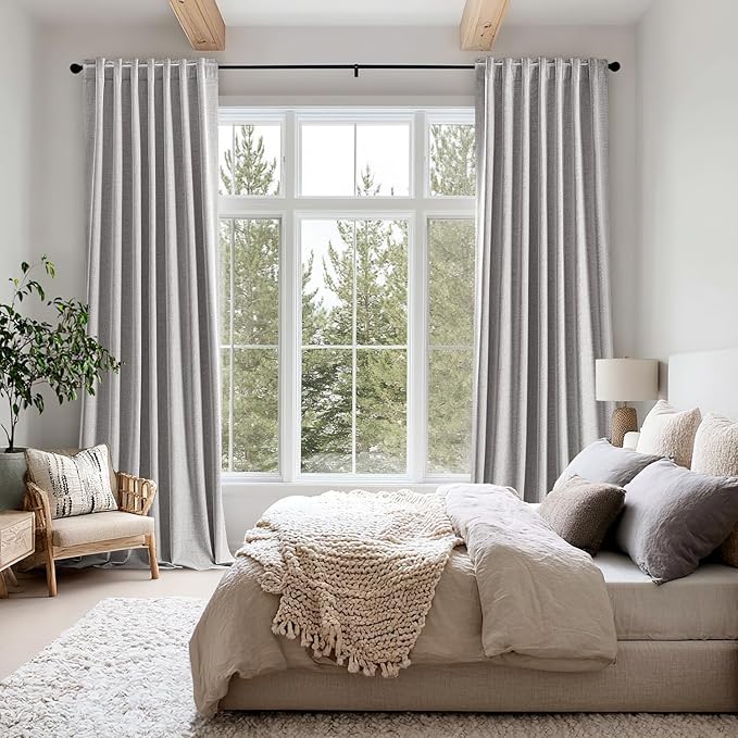 MIULEE 100% Blackout Linen Curtains for Bedroom, Greyish White Solid Luxury Decor Thermal Insulation Room Darkening Drapes for Living Room Nursery Back Tab Rod Pocket 42 x 72 Inches, 2 Panels