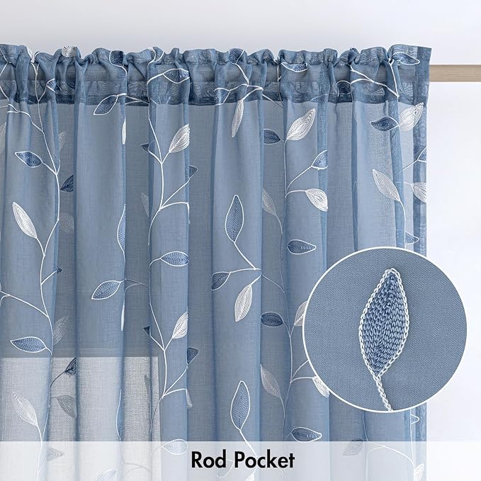 MIULEE Dusty Blue Sheer Curtains 2 Panels Embroidered Leaf Patterned Rod Pocket Floral Semi Sheer Faux Linen Window Curtains Drapes Set for Living Room Bedroom Dining Room, 52x84 Inches Long